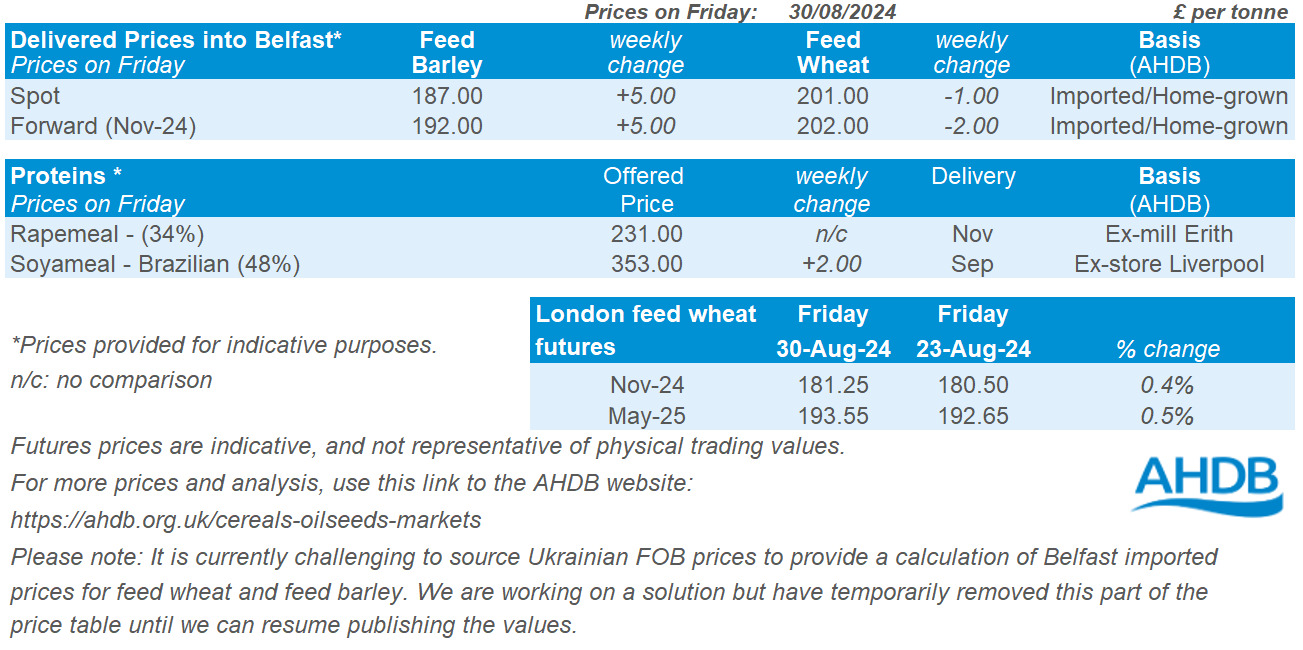 Table showing prices for grain delivered into Belfast as of 30 08 2024.